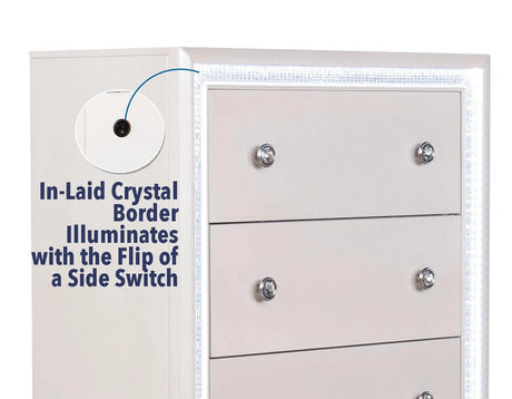 Cassie Illuminating 5-Drawer Chest, Shimmering Pearl Finish by Steve Silver at Eve Furniture
