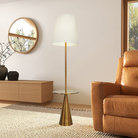 Celestial Modern Floor Lamp with Brass Accent Table with Large White Shade by Ashcroft Imports at Eve Furniture