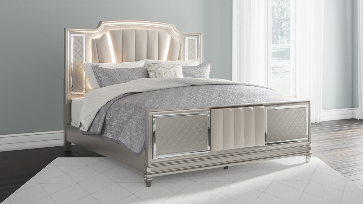 Chevanna Platinum 5-Piece King LED Upholstered Panel Bedroom Set by Ashley at Eve Furniture