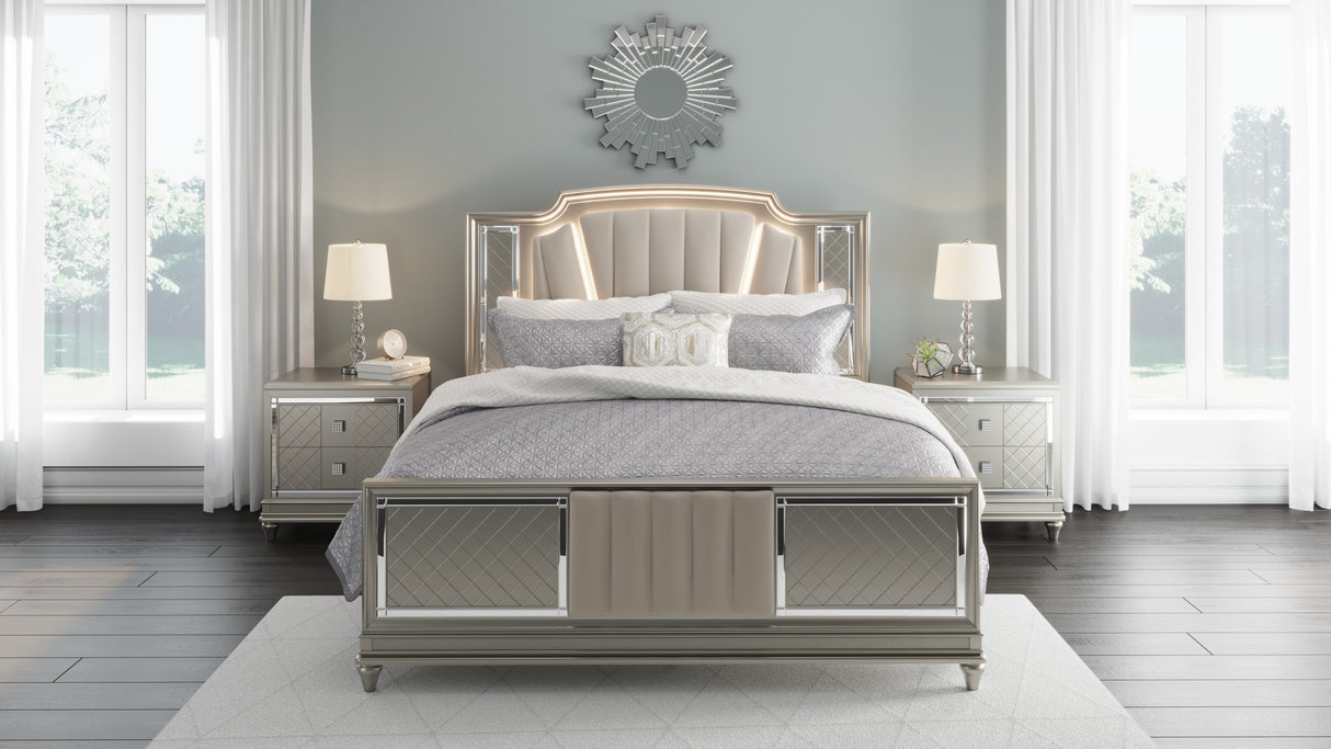 Chevanna Platinum 5-Piece King LED Upholstered Panel Bedroom Set by Ashley at Eve Furniture
