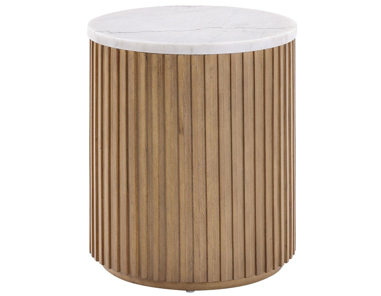 Colvin 18″ Round White Marble Top End Table, Toffee Finish by Steve Silver at Eve Furniture
