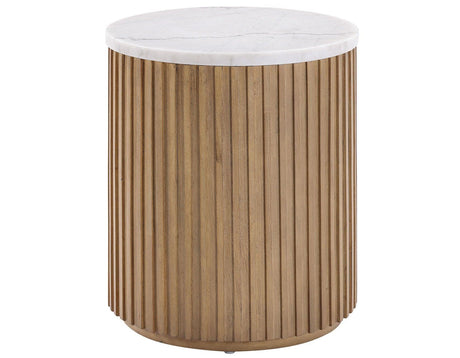 Colvin 18″ Round White Marble Top End Table, Toffee Finish by Steve Silver at Eve Furniture