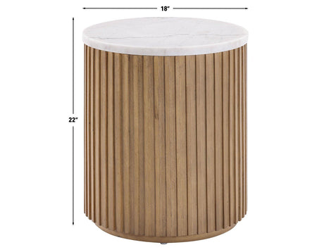 Colvin 18″ Round White Marble Top End Table, Toffee Finish by Steve Silver at Eve Furniture
