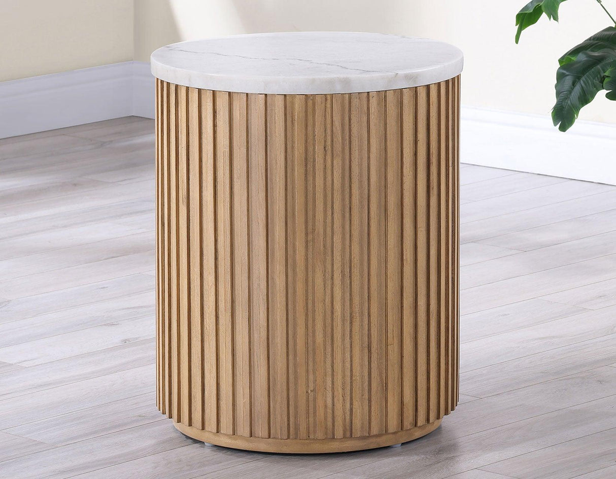 Colvin 18″ Round White Marble Top End Table, Toffee Finish by Steve Silver at Eve Furniture