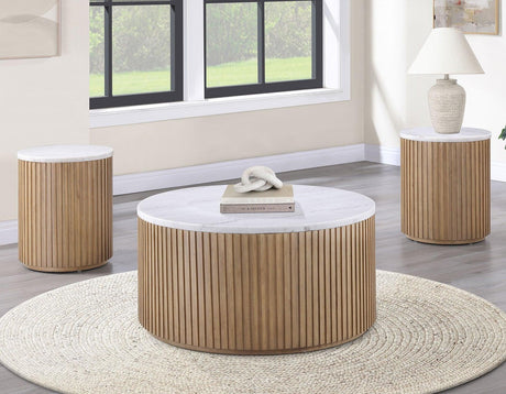 Colvin Toffee Finish 36″ Round Castered White Marble Top Coffee Table by Steve Silver at Eve Furniture