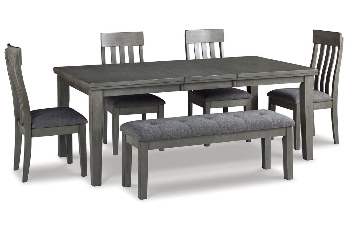 Hallanden Gray Dining Table, 4 Chairs, and Bench