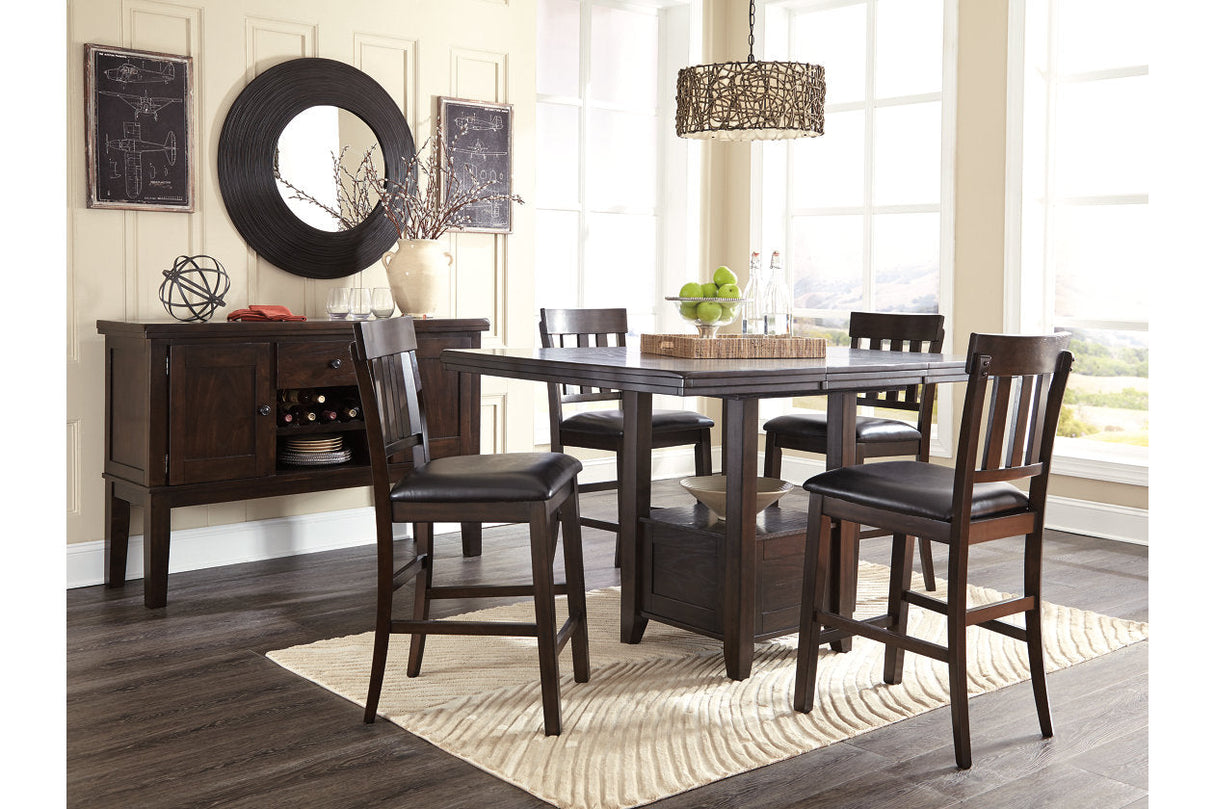 Haddigan Dark Brown Counter Height Dining Table, 4 Barstools and Server