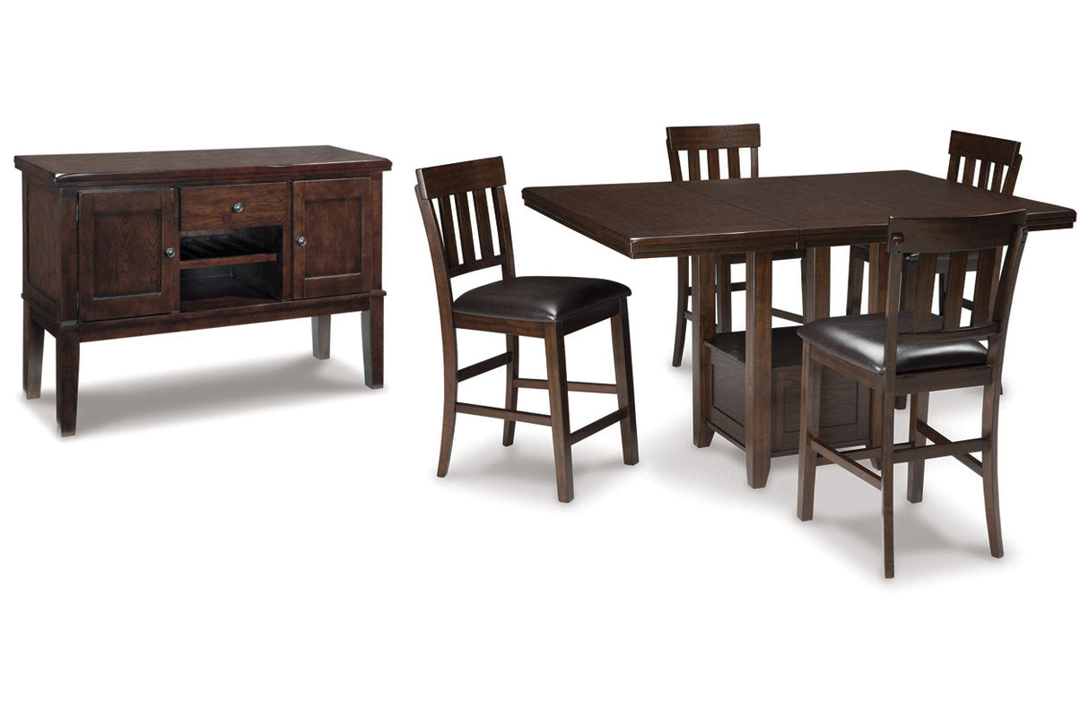 Haddigan Dark Brown Counter Height Dining Table, 4 Barstools and Server