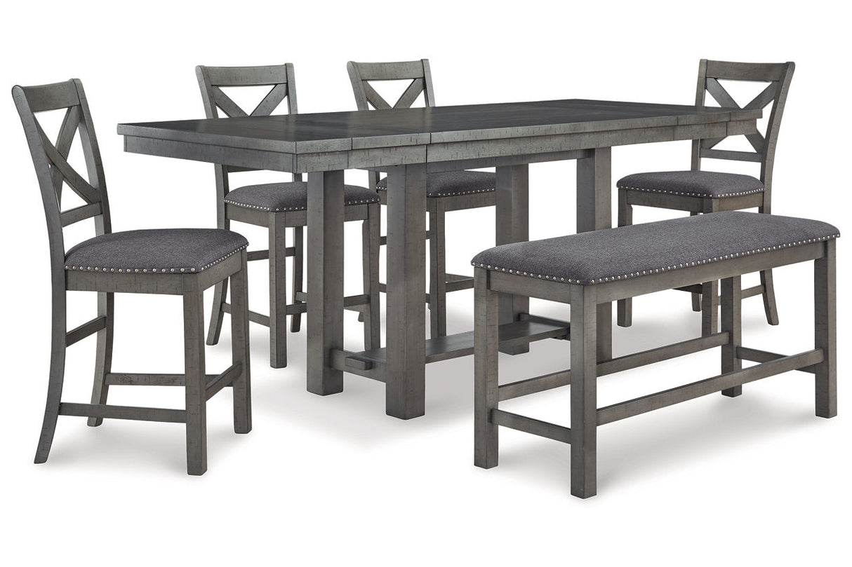 Myshanna Gray Counter Height Dining Table, 4 Barstools and Bench