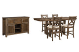 Moriville Grayish Brown Counter Height Dining Table, 4 Barstools and Server