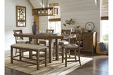 Moriville Grayish Brown Counter Height Dining Table with 4 Barstools, Bench, and Server