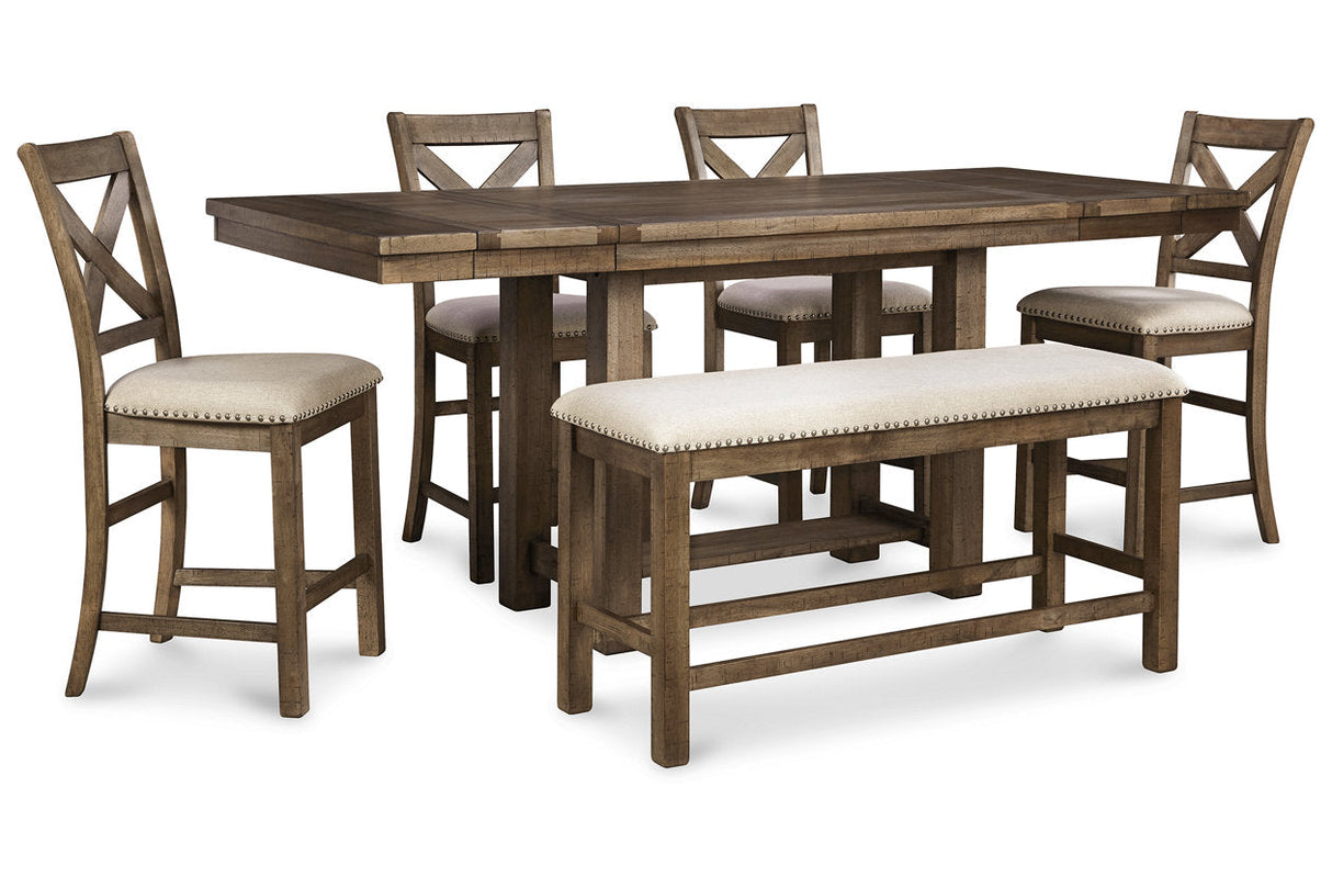 Moriville Grayish Brown Counter Height Dining Table with 4 Barstools and Bench