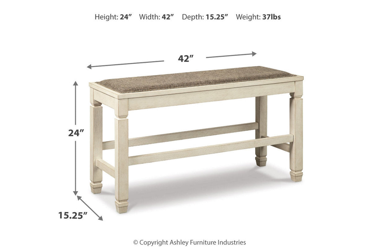 Bolanburg Antique White Counter Height Dining Table, 4 Stools, Bench and 2 Display Cabinets