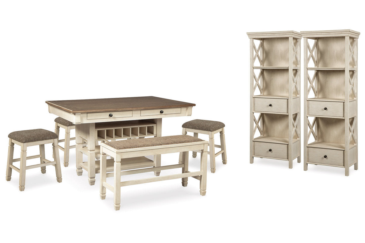 Bolanburg Antique White Counter Height Dining Table, 4 Stools, Bench and 2 Display Cabinets