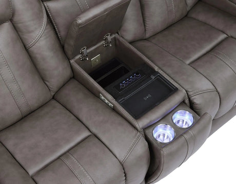 Daniel Triple Power Home Theater Leather Reclining Console Loveseat, Built-in Speakers, Heat and Massage by Steve Silver at Eve Furniture