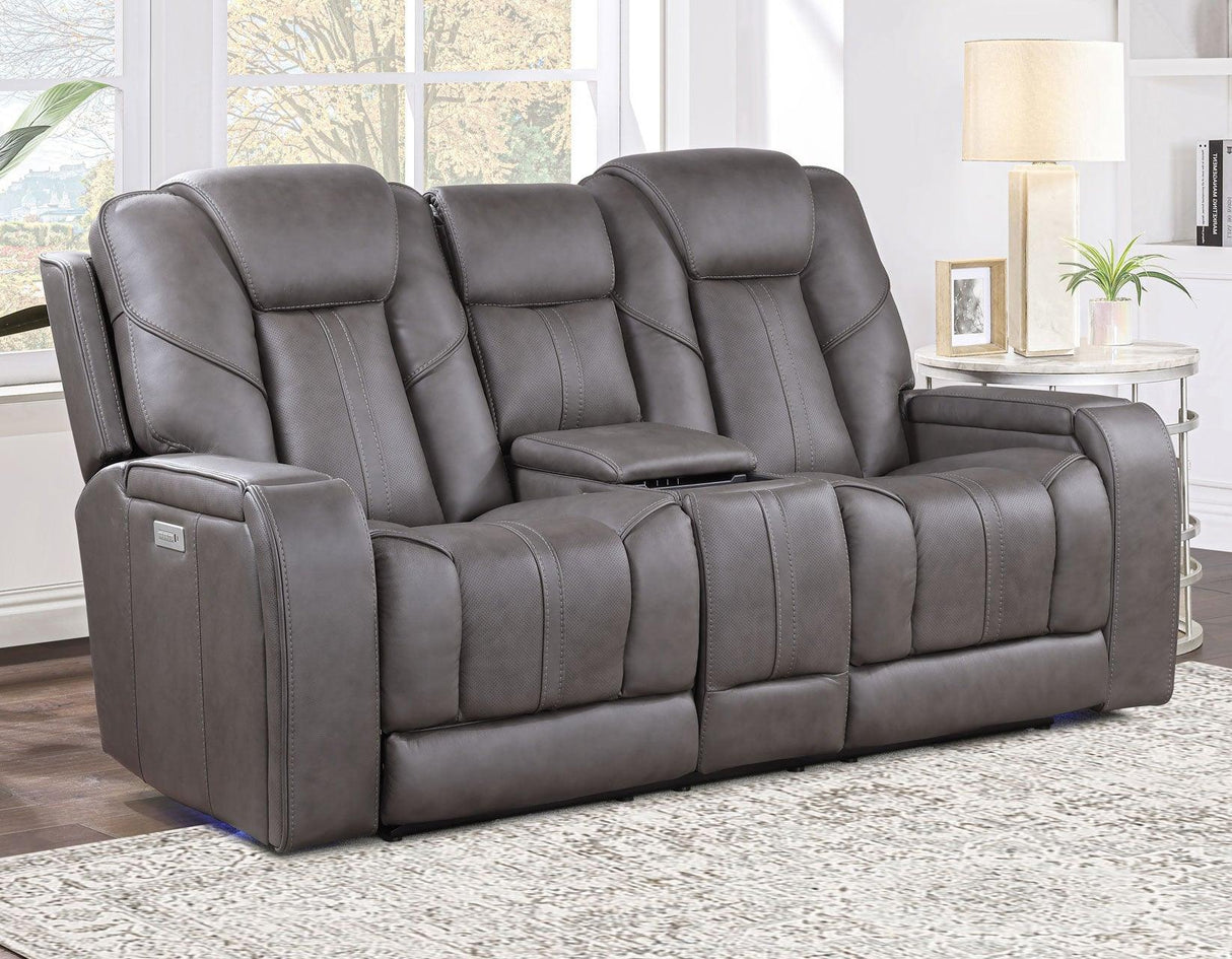 Daniel Triple Power Home Theater Leather Reclining Console Loveseat, Built-in Speakers, Heat and Massage by Steve Silver at Eve Furniture