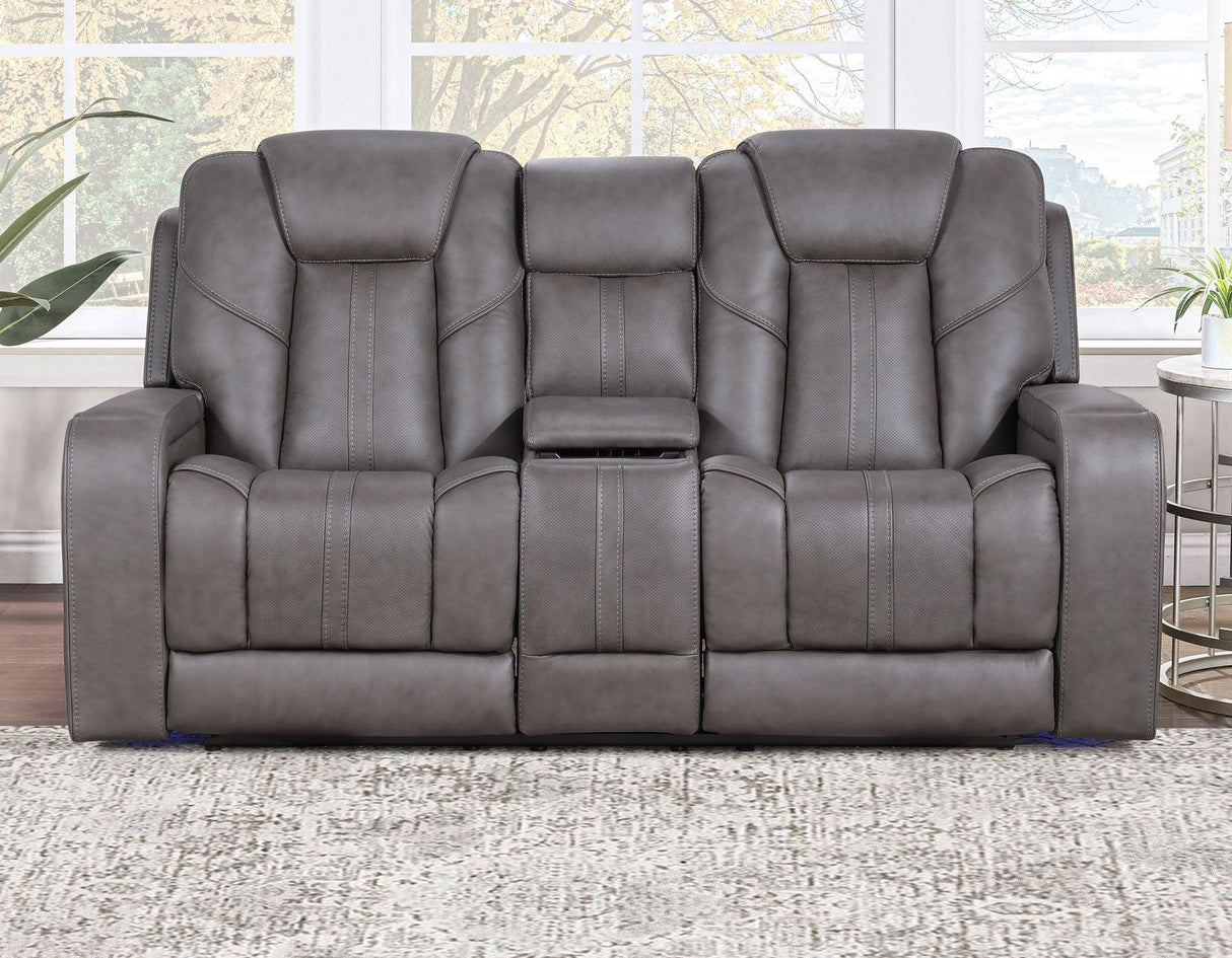 Daniel Triple Power Home Theater Leather Reclining Console Loveseat, Built-in Speakers, Heat and Massage by Steve Silver at Eve Furniture