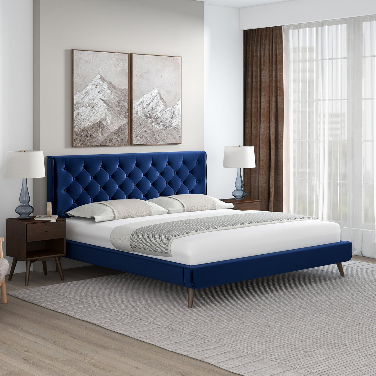 Dillon Blue Velvet Platform Bed (King Size) by Ashcroft Imports at Eve Furniture
