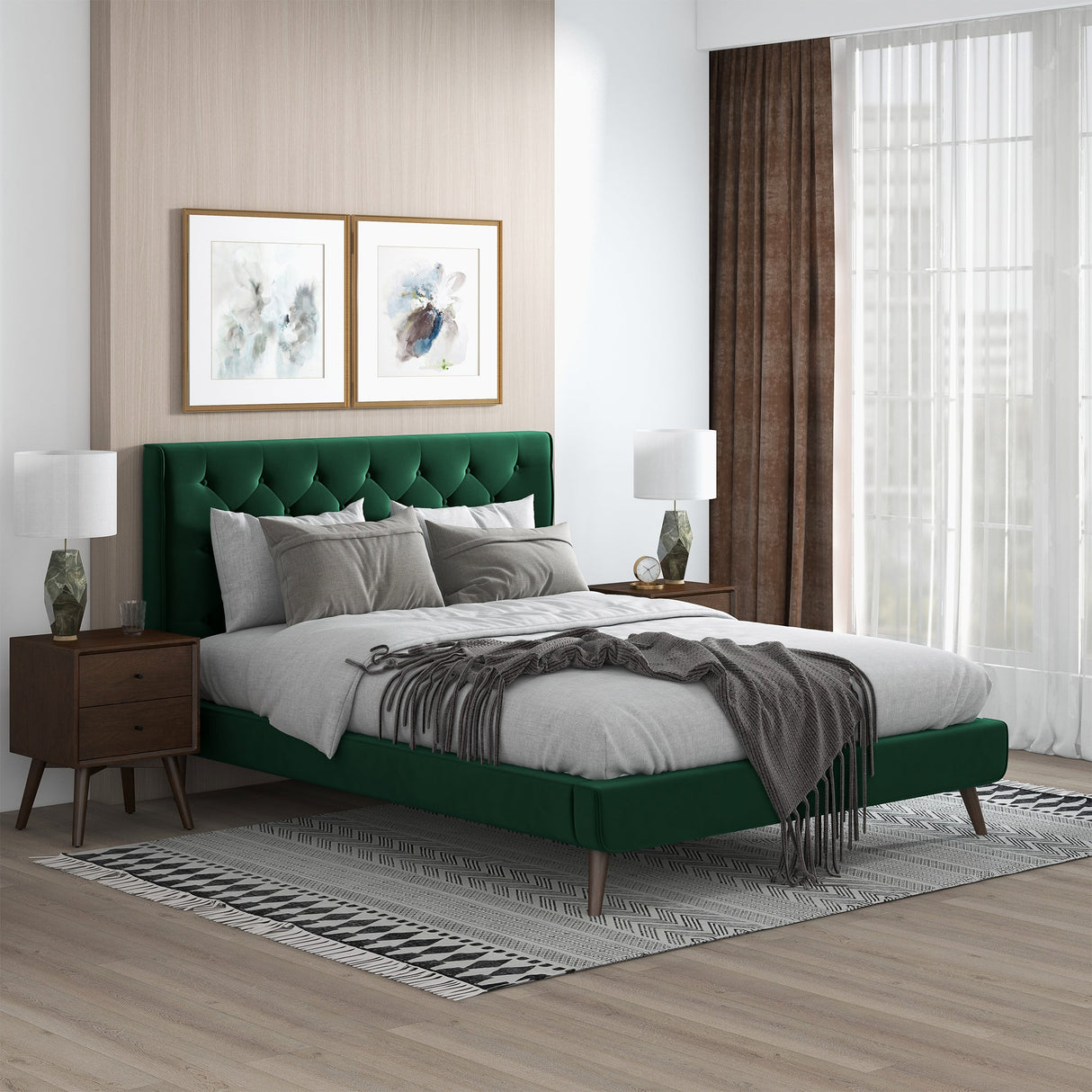 Dillon Dark Green Velvet Platform Bed (Queen Size) by Ashcroft Imports at Eve Furniture