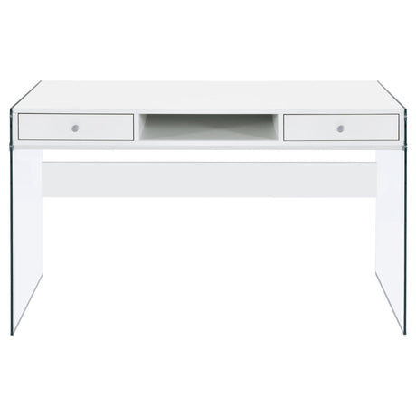 Dobrev Glossy White/Clear 2-Drawer Writing Desk by Coaster at Eve Furniture