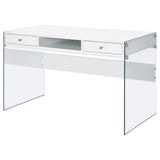 Dobrev Glossy White/Clear 2-Drawer Writing Desk by Coaster at Eve Furniture
