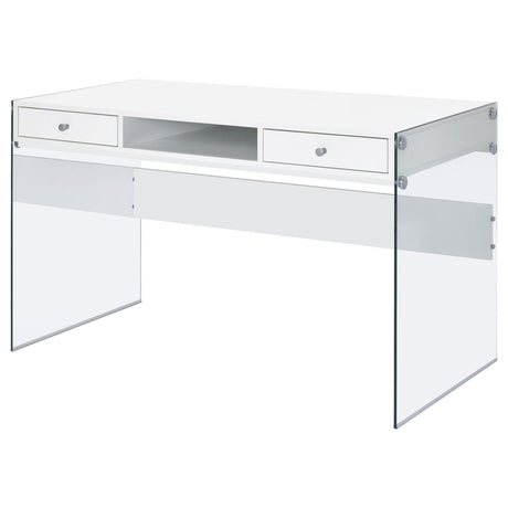 Dobrev Glossy White/Clear 2-Drawer Writing Desk by Coaster at Eve Furniture