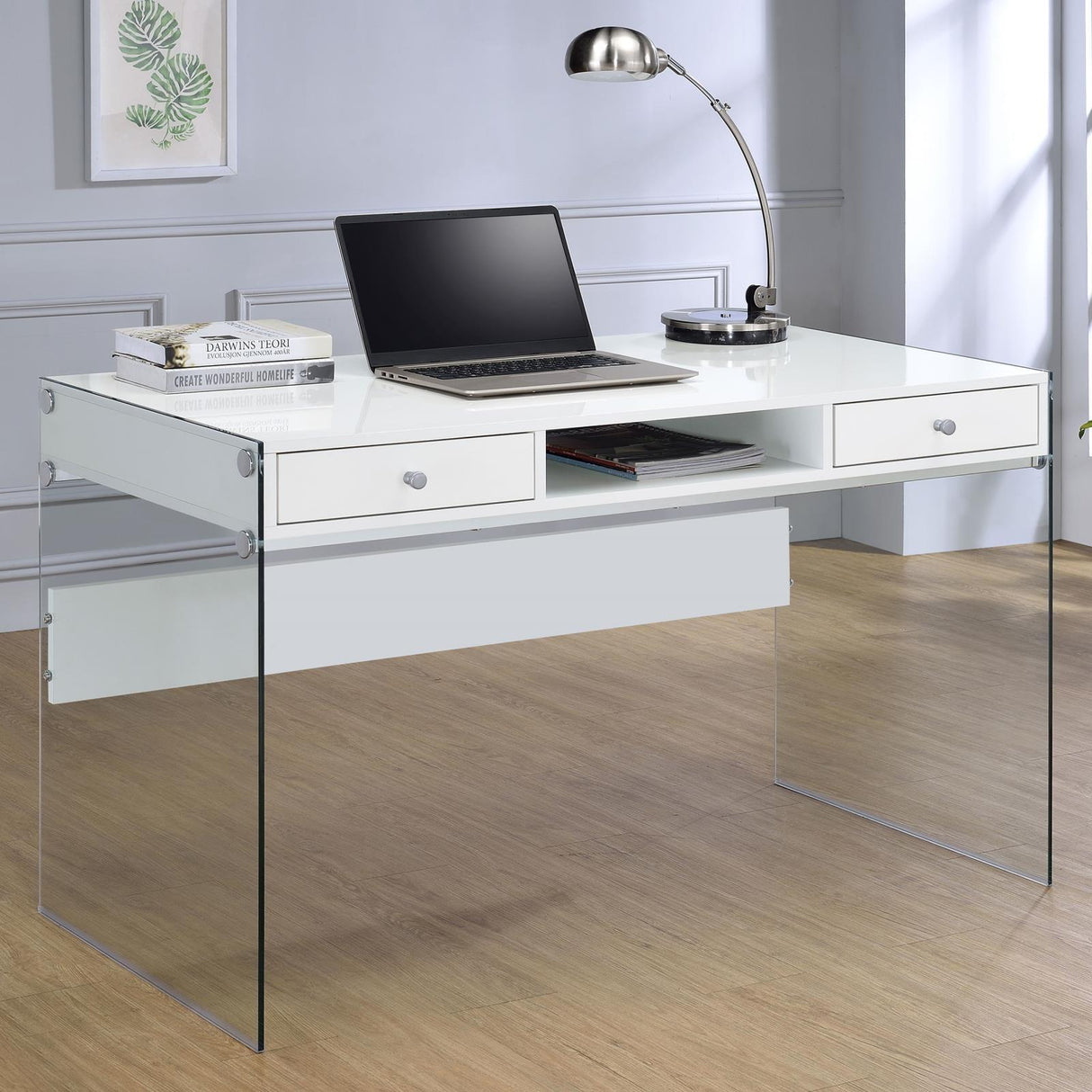 Dobrev Glossy White/Clear 2-Drawer Writing Desk by Coaster at Eve Furniture