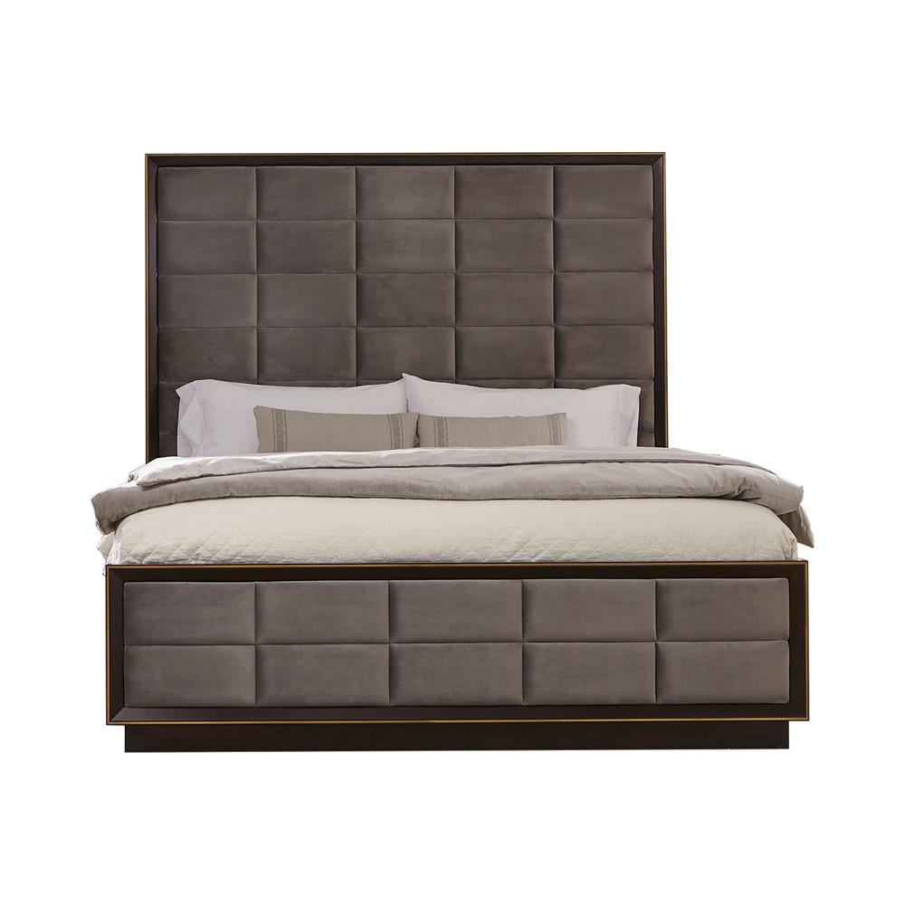 Durango Gray and Smoked Peppercorn Upholstered Eastern King Bed by Coaster at Eve Furniture
