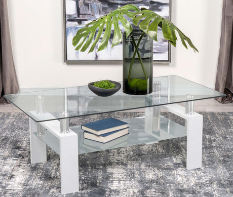 Dyer Rectangular Glass Top Coffee Table With Shelf White by Coaster at Eve Furniture