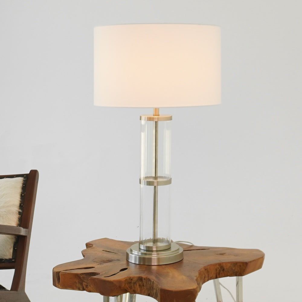 Echo Brushed Nickel Table Lamp with On/Off Switch Clear Glass Body Metal Base by Ashcroft Imports at Eve Furniture
