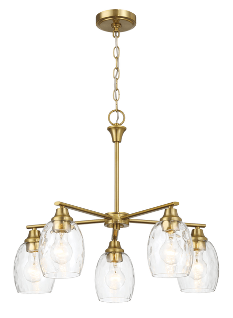 Elegance Five Lights Linear Arms with Golden Brass Finish Chain Chandelier 24"W × 8.5"H with Clear Water Glass by Ashcroft Imports at Eve Furniture