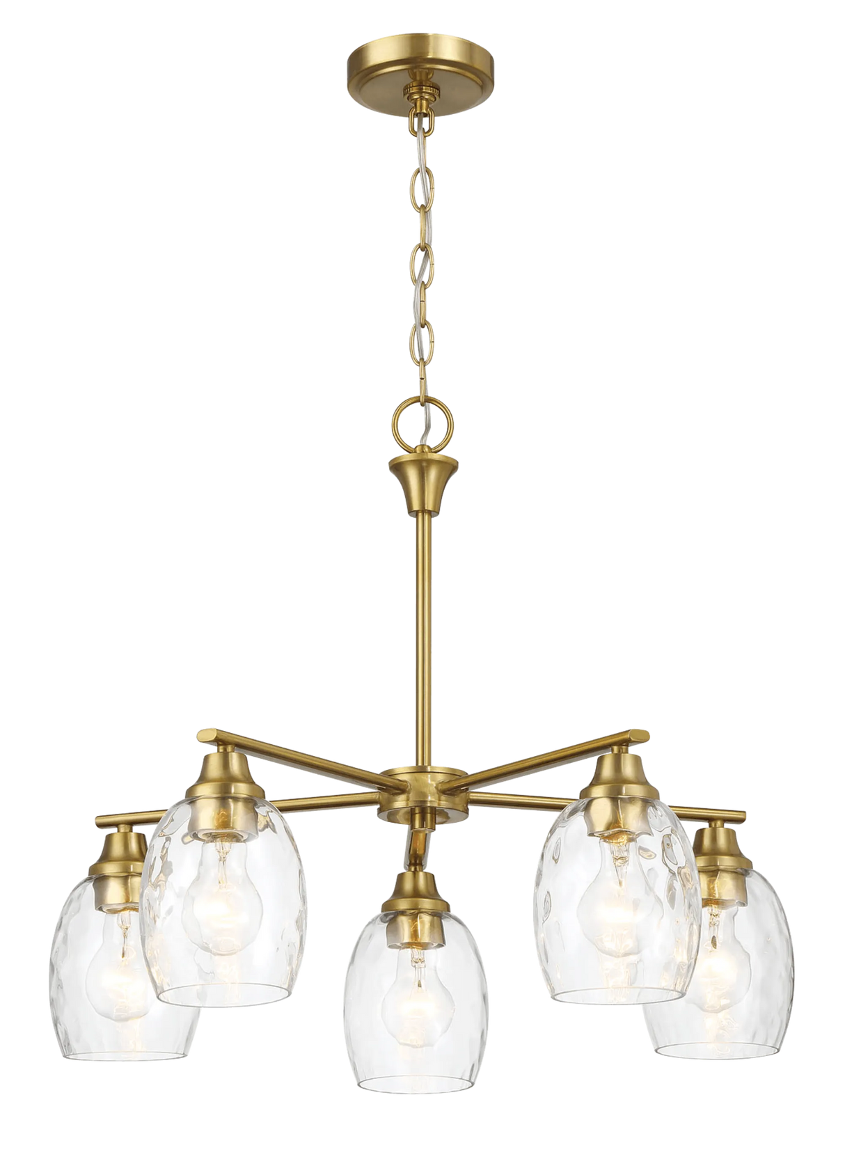 Elegance Five Lights Linear Arms with Golden Brass Finish Chain Chandelier 24"W × 8.5"H with Clear Water Glass by Ashcroft Furniture at Eve Furniture