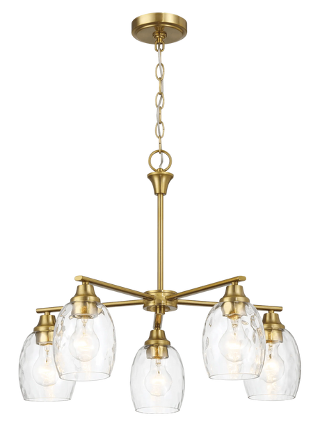 Elegance Five Lights Linear Arms with Golden Brass Finish Chain Chandelier 24"W × 8.5"H with Clear Water Glass by Ashcroft Furniture at Eve Furniture