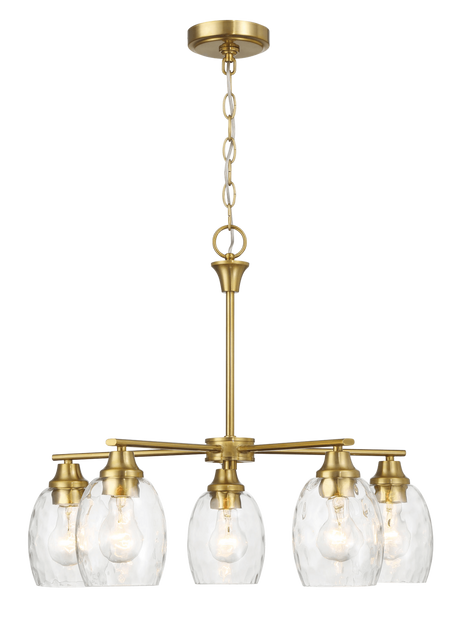 Elegance Five Lights Linear Arms with Golden Brass Finish Chain Chandelier 24"W × 8.5"H with Clear Water Glass by Ashcroft Imports at Eve Furniture