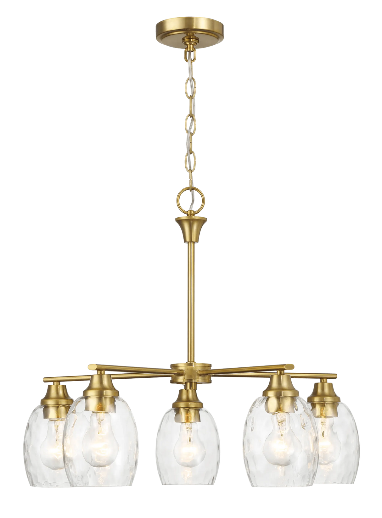 Elegance Five Lights Linear Arms with Golden Brass Finish Chain Chandelier 24"W × 8.5"H with Clear Water Glass by Ashcroft Furniture at Eve Furniture