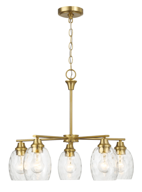 Elegance Five Lights Linear Arms with Golden Brass Finish Chain Chandelier 24"W × 8.5"H with Clear Water Glass by Ashcroft Furniture at Eve Furniture