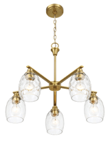 Elegance Five Lights Linear Arms with Golden Brass Finish Chain Chandelier 24"W × 8.5"H with Clear Water Glass by Ashcroft Imports at Eve Furniture