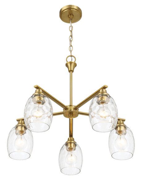 Elegance Five Lights Linear Arms with Golden Brass Finish Chain Chandelier 24"W × 8.5"H with Clear Water Glass by Ashcroft Imports at Eve Furniture