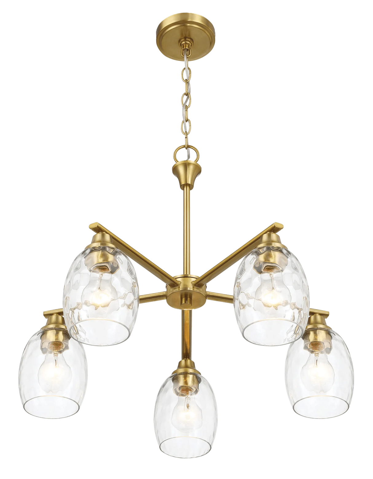 Elegance Five Lights Linear Arms with Golden Brass Finish Chain Chandelier 24"W × 8.5"H with Clear Water Glass by Ashcroft Furniture at Eve Furniture