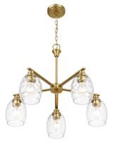 Elegance Five Lights Linear Arms with Golden Brass Finish Chain Chandelier 24"W × 8.5"H with Clear Water Glass by Ashcroft Furniture at Eve Furniture