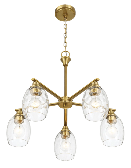 Elegance Five Lights Linear Arms with Golden Brass Finish Chain Chandelier 24"W × 8.5"H with Clear Water Glass by Ashcroft Furniture at Eve Furniture