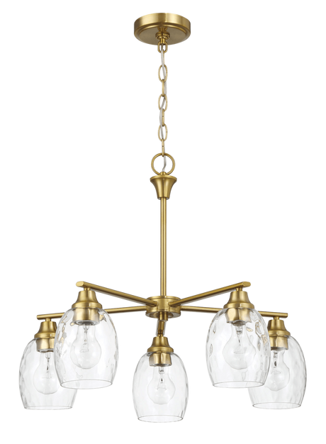 Elegance Five Lights Linear Arms with Golden Brass Finish Chain Chandelier 24"W × 8.5"H with Clear Water Glass by Ashcroft Imports at Eve Furniture