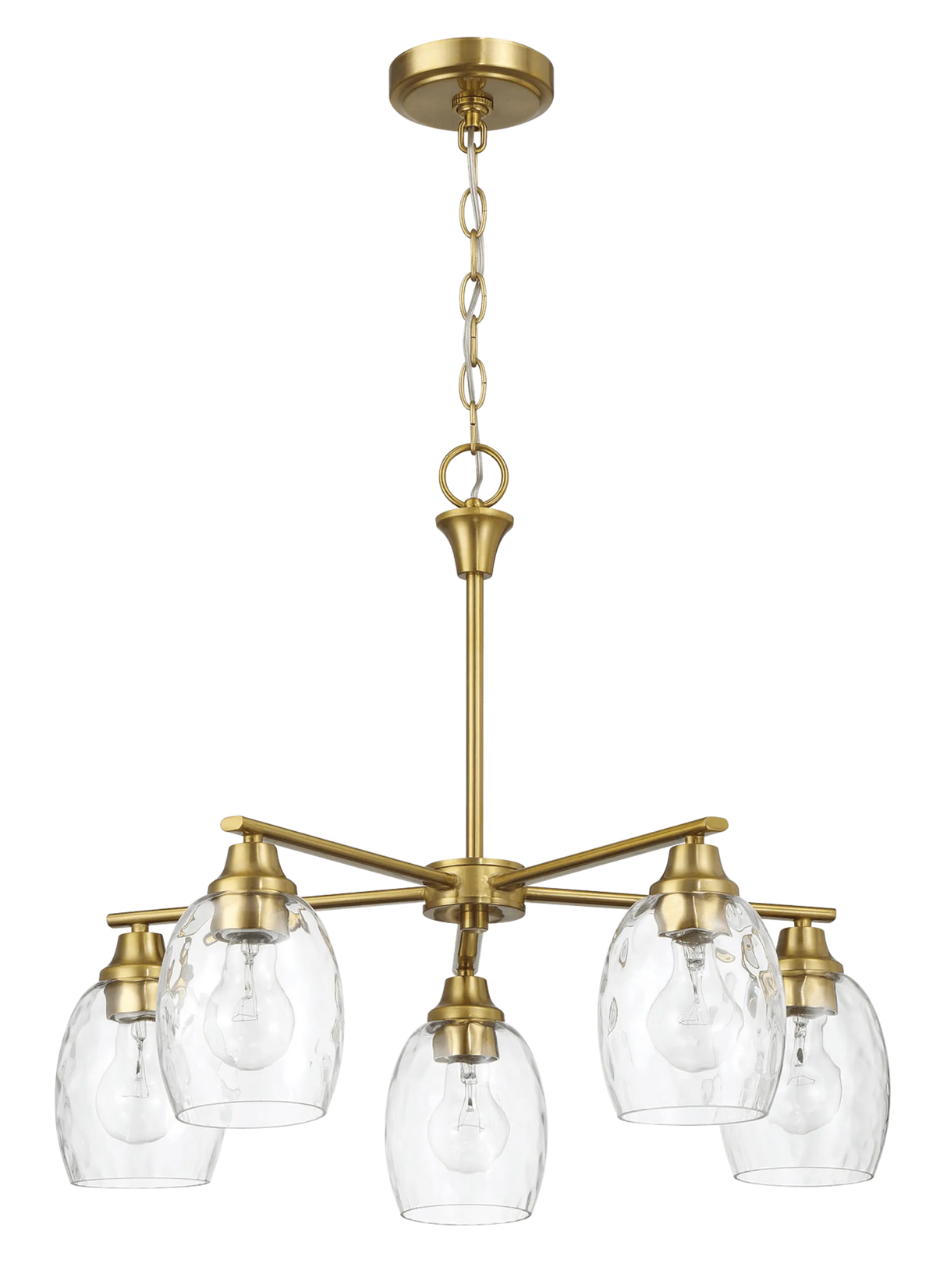 Elegance Five Lights Linear Arms with Golden Brass Finish Chain Chandelier 24"W × 8.5"H with Clear Water Glass by Ashcroft Furniture at Eve Furniture