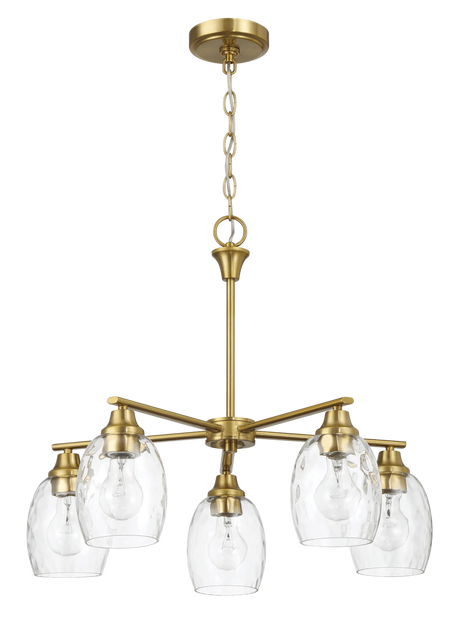 Elegance Five Lights Linear Arms with Golden Brass Finish Chain Chandelier 24"W × 8.5"H with Clear Water Glass by Ashcroft Furniture at Eve Furniture