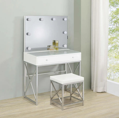 Eliza White and Chrome 2-piece Vanity Set with Hollywood Lighting by Coaster at Eve Furniture