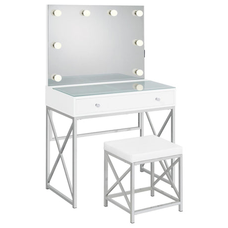 Eliza White and Chrome 2-piece Vanity Set with Hollywood Lighting by Coaster at Eve Furniture
