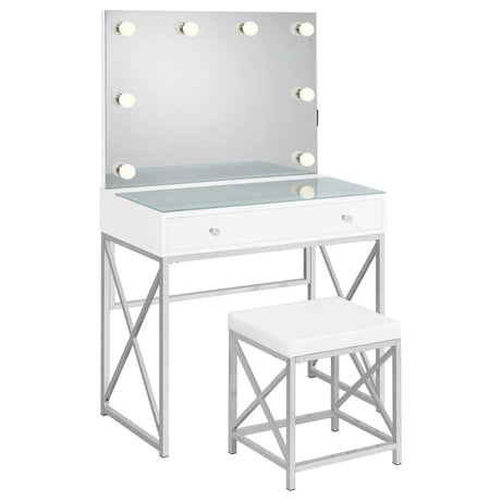 Eliza White and Chrome 2-piece Vanity Set with Hollywood Lighting by Coaster at Eve Furniture