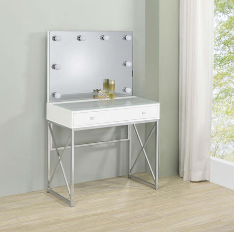 Eliza White and Chrome 2-piece Vanity Set with Hollywood Lighting by Coaster at Eve Furniture