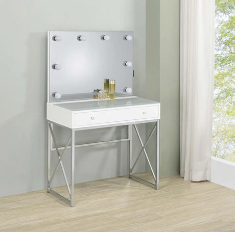 Eliza White and Chrome 2-piece Vanity Set with Hollywood Lighting by Coaster at Eve Furniture