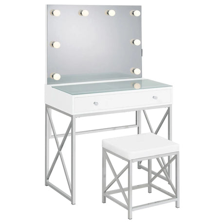 Eliza White and Chrome 2-piece Vanity Set with Hollywood Lighting by Coaster at Eve Furniture